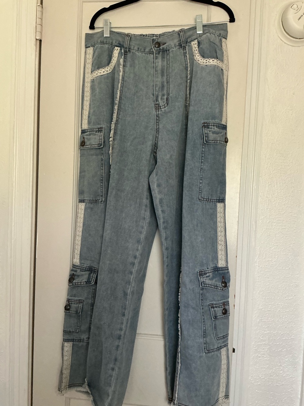 POL Light Blue Wide Leg Cargo Jeans with Lace Insets